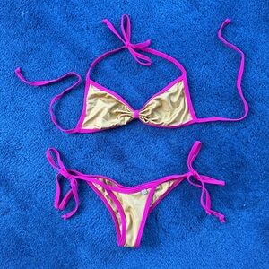 Chynna Dolls Halter Bikini Top & Bottom Set Gold & Hot Pink